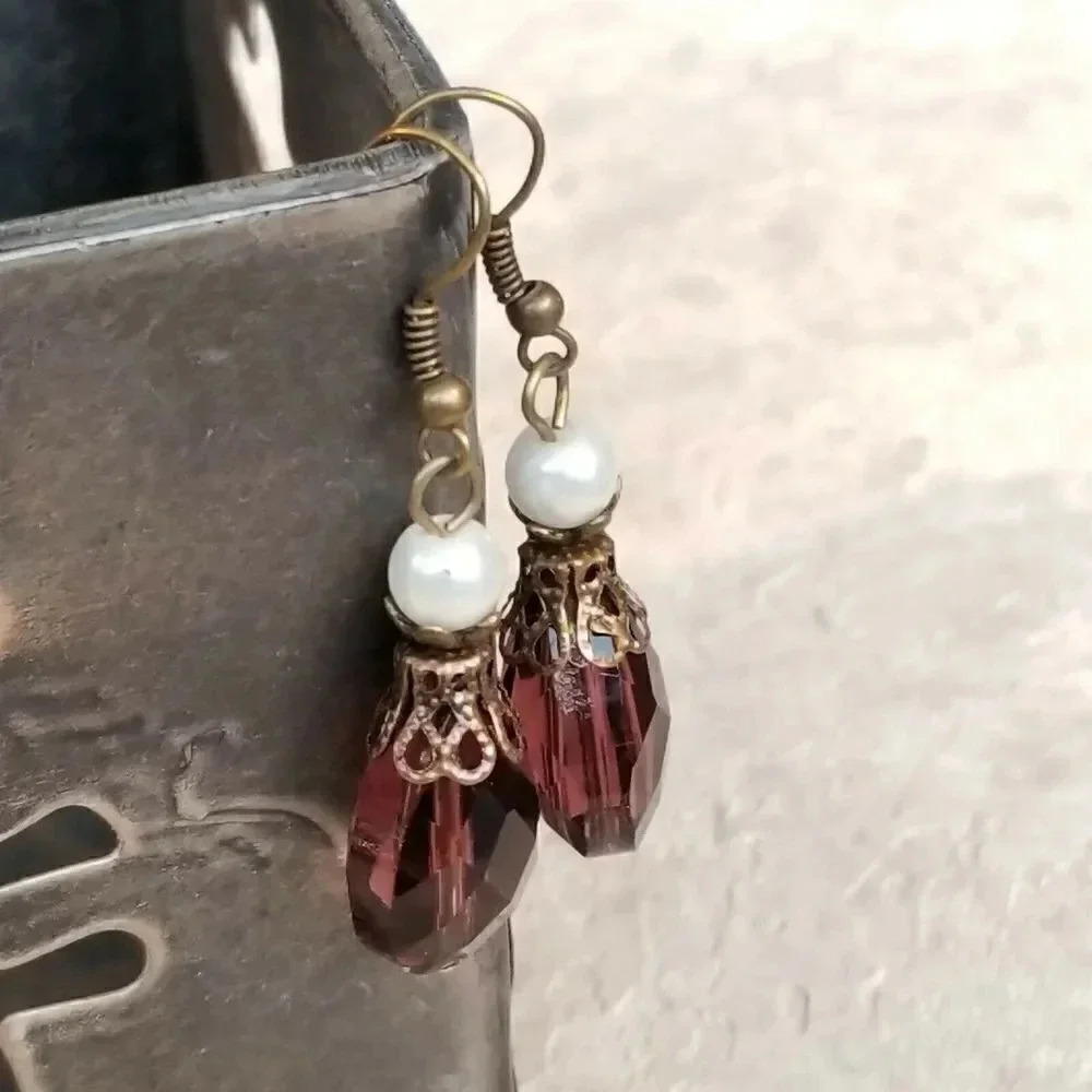 Handmade Steampunk Purple Faceted Glass Teardrop Antiqued Brass Dangle Earrings